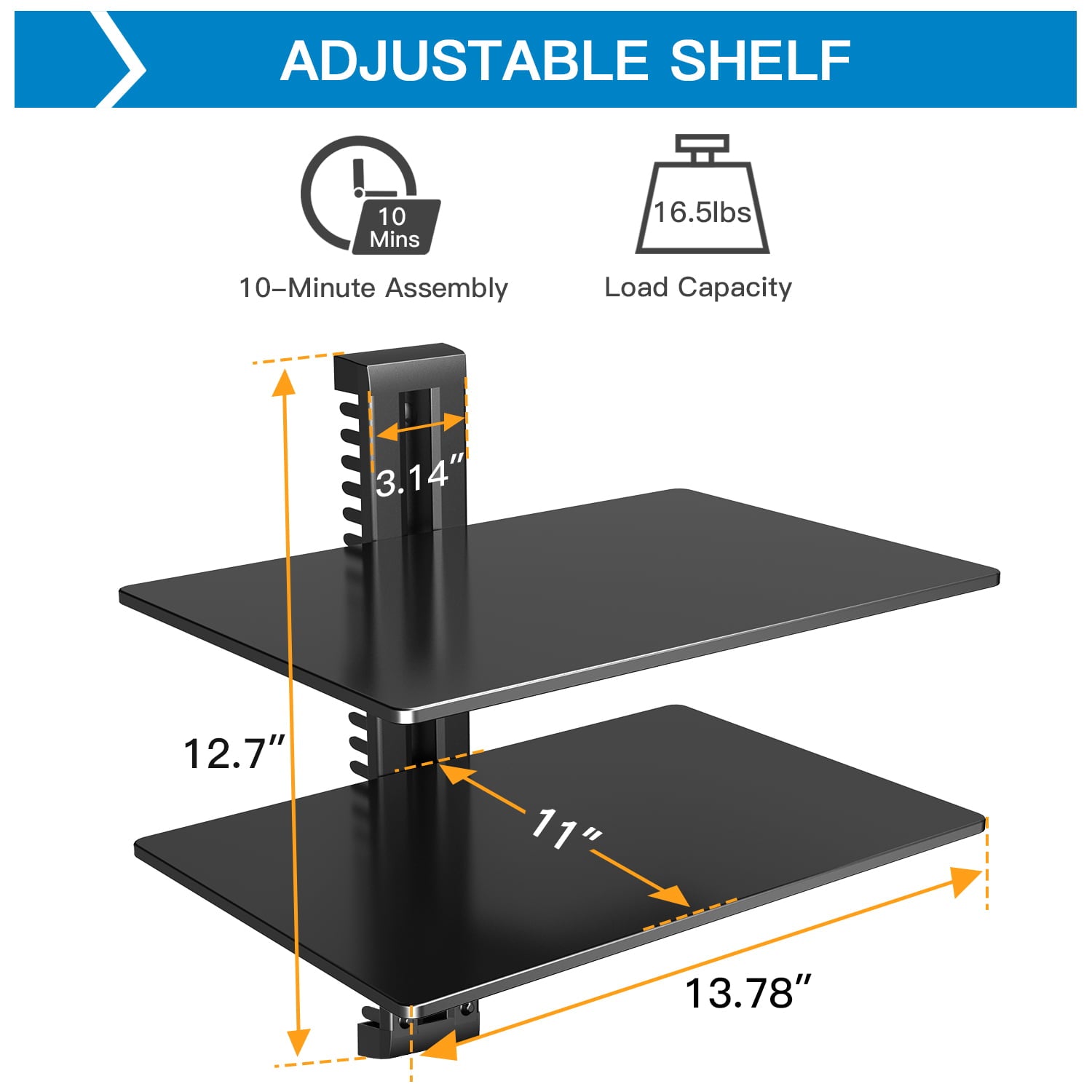 Wall Mounted 2 Tiers Glass AV Mount Shelf for Xbox /Cable Boxes/Gaming Systems,Holds up to 35.2 lbs