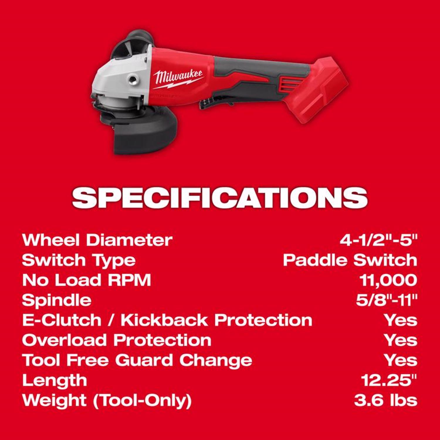 MW M18 18 V Cordless 4-1/2 to 5 in. Cut-Off/Angle Grinder Tool Only