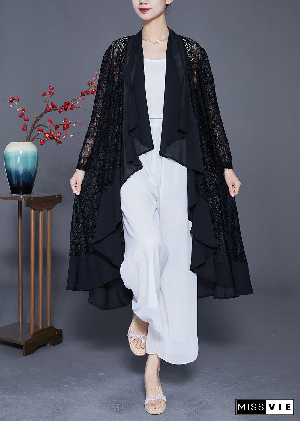 Fine Black Ruffles Patchwork Hollow Out Lace Cardigans Summer