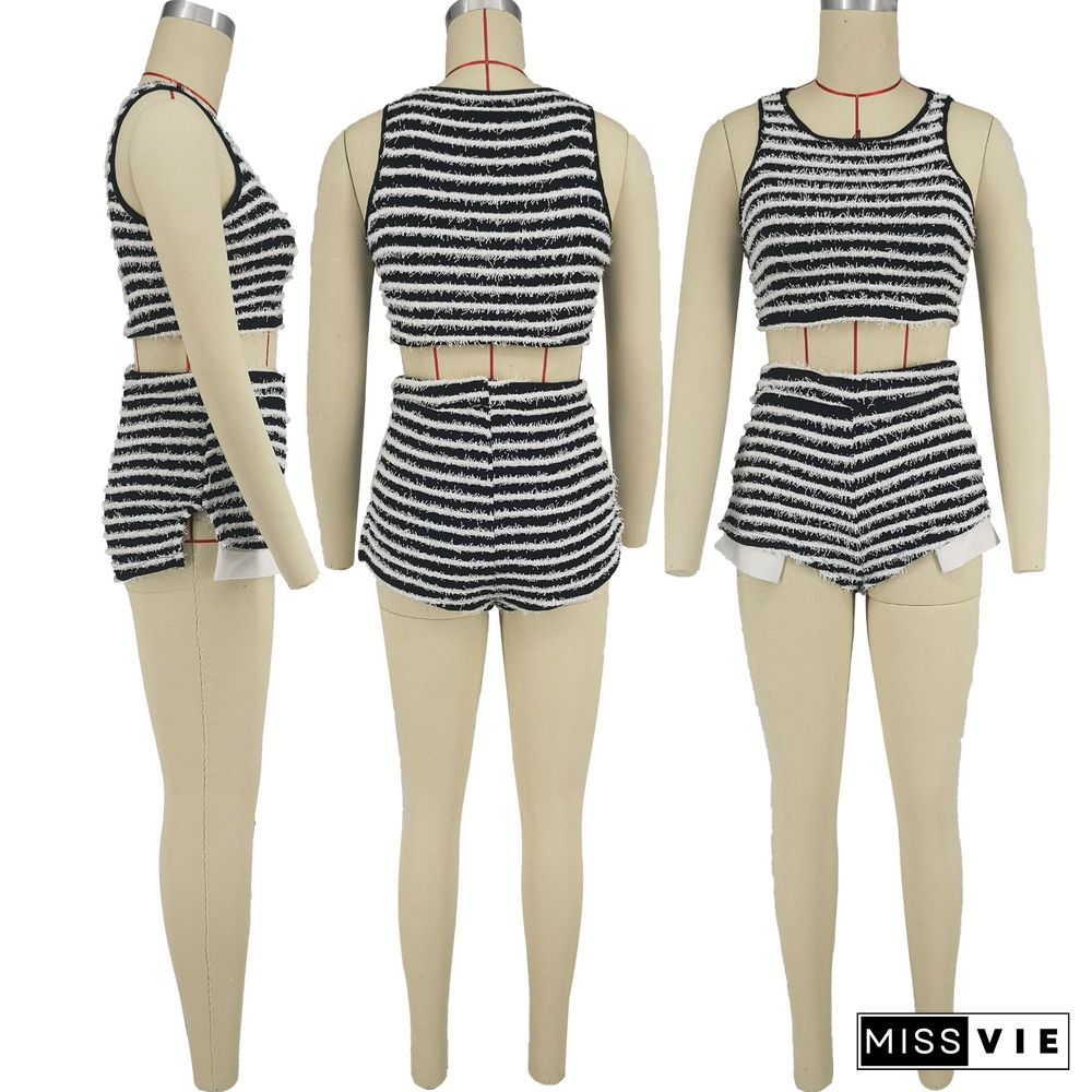 Striped Cropped Tank Tops and Shorts Two Piece Set