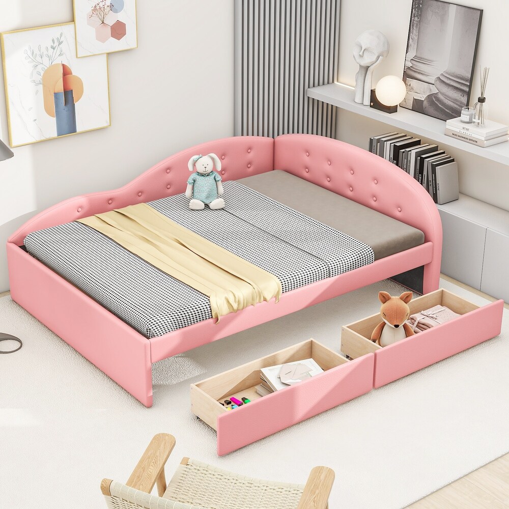 Pink Full Size PU Upholstered Tufted Daybed Wood Platform Bed Frame