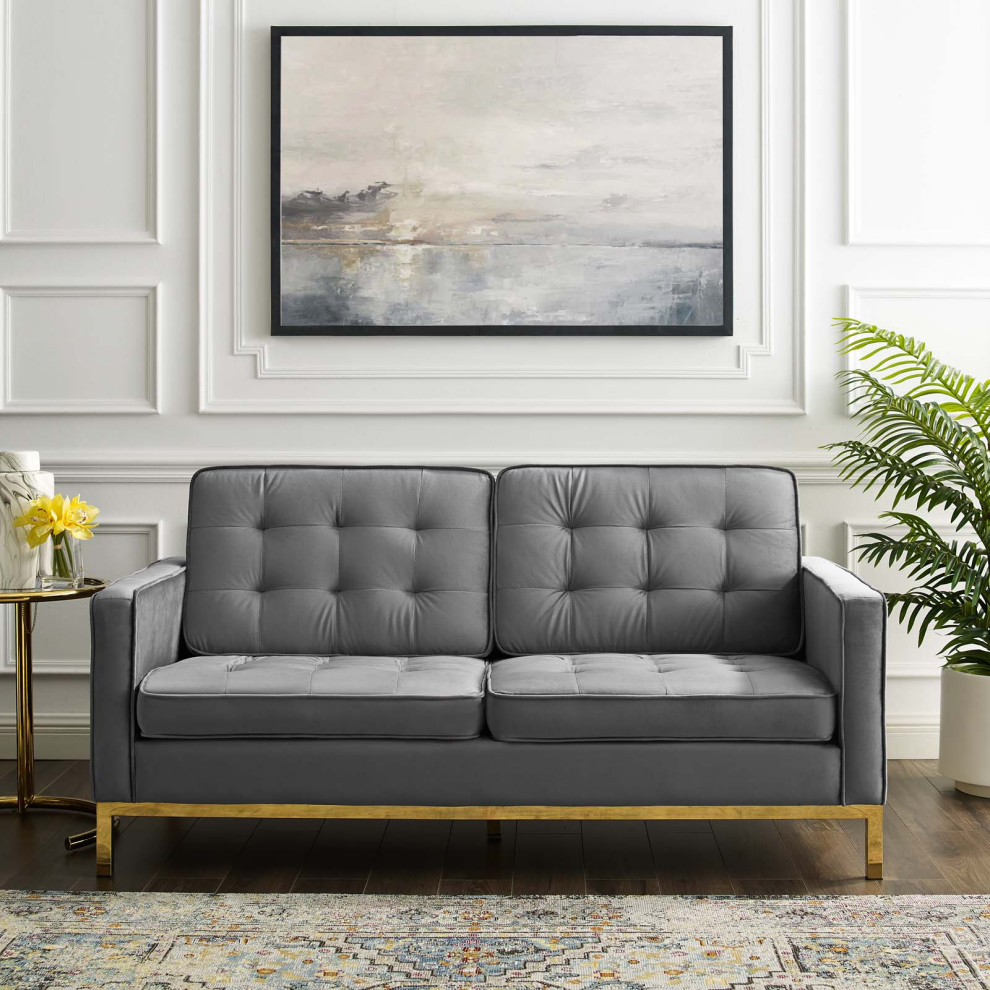 Modern Designer Lounge Lobby Loveseat Sofa  Velvet Fabric  Gold Grey Gray   Contemporary   Loveseats   by House Bound  Houzz