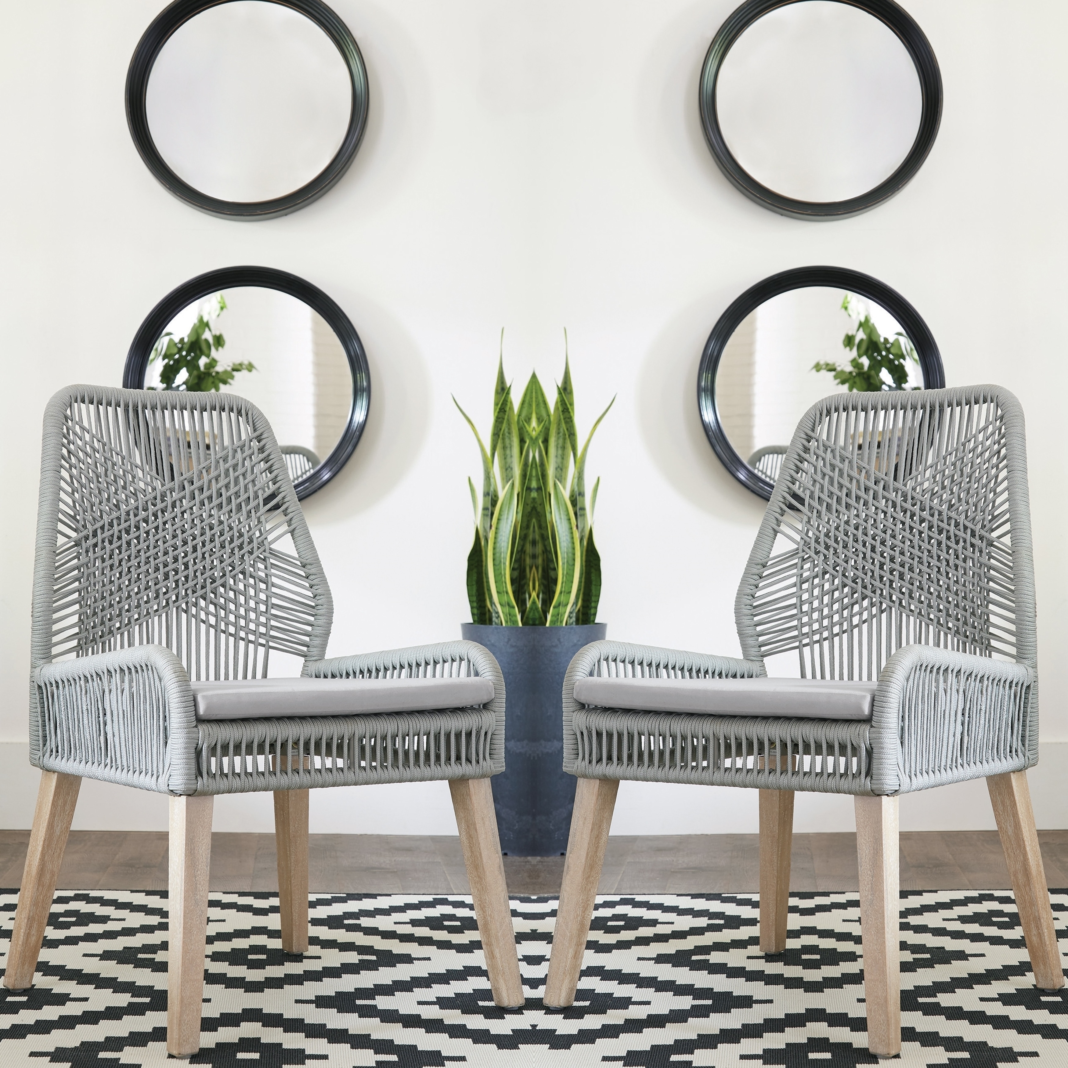 Exotic Hand Crafted Design Grey Woven Rope and Mango Wood Chairs (Set of 2)