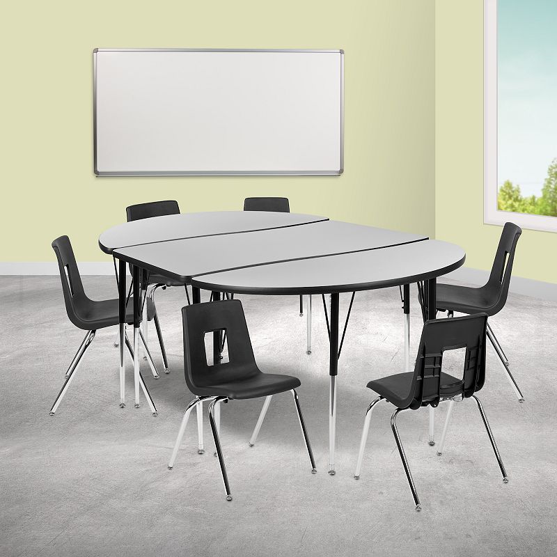 Emma and Oliver 76 Oval Wave Activity Table Set with 18 Student Stack Chairs， Grey/Black