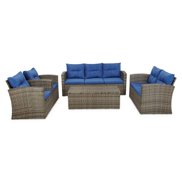 5pc Wicker Outdoor Conversation Set Weather resistant Rattan Frame Cushioned Seating Edyo Living