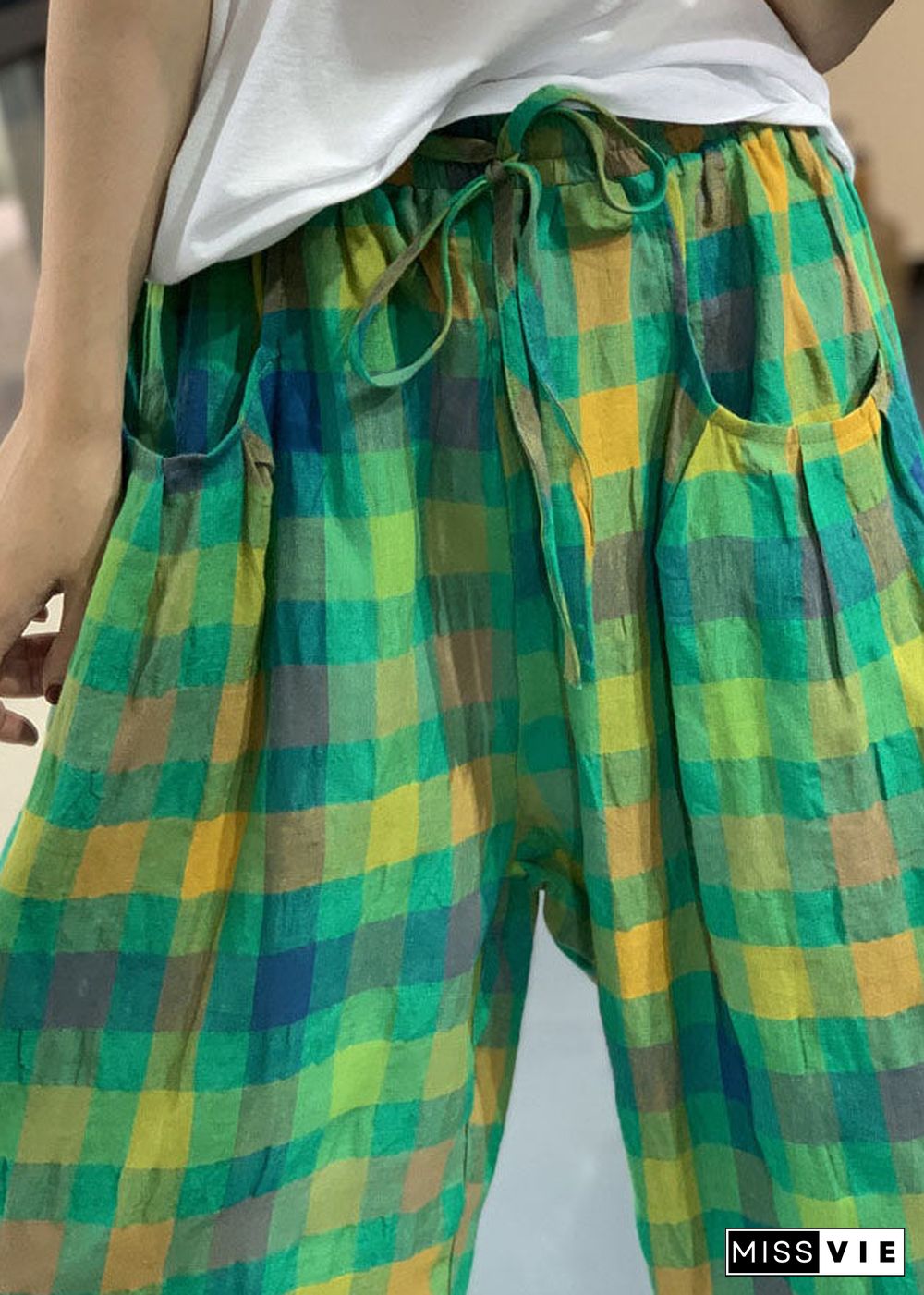 Handmade Green Elastic Waist Pockets Plaid Linen Harem Pants Summer