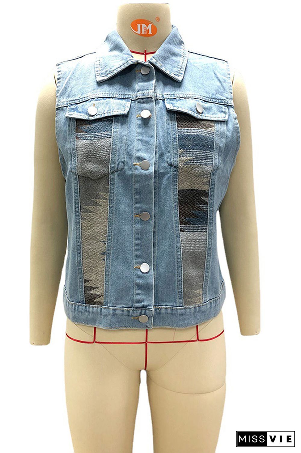 Aztec Print Patchwork Sleeveless Denim Jacket Wholesale