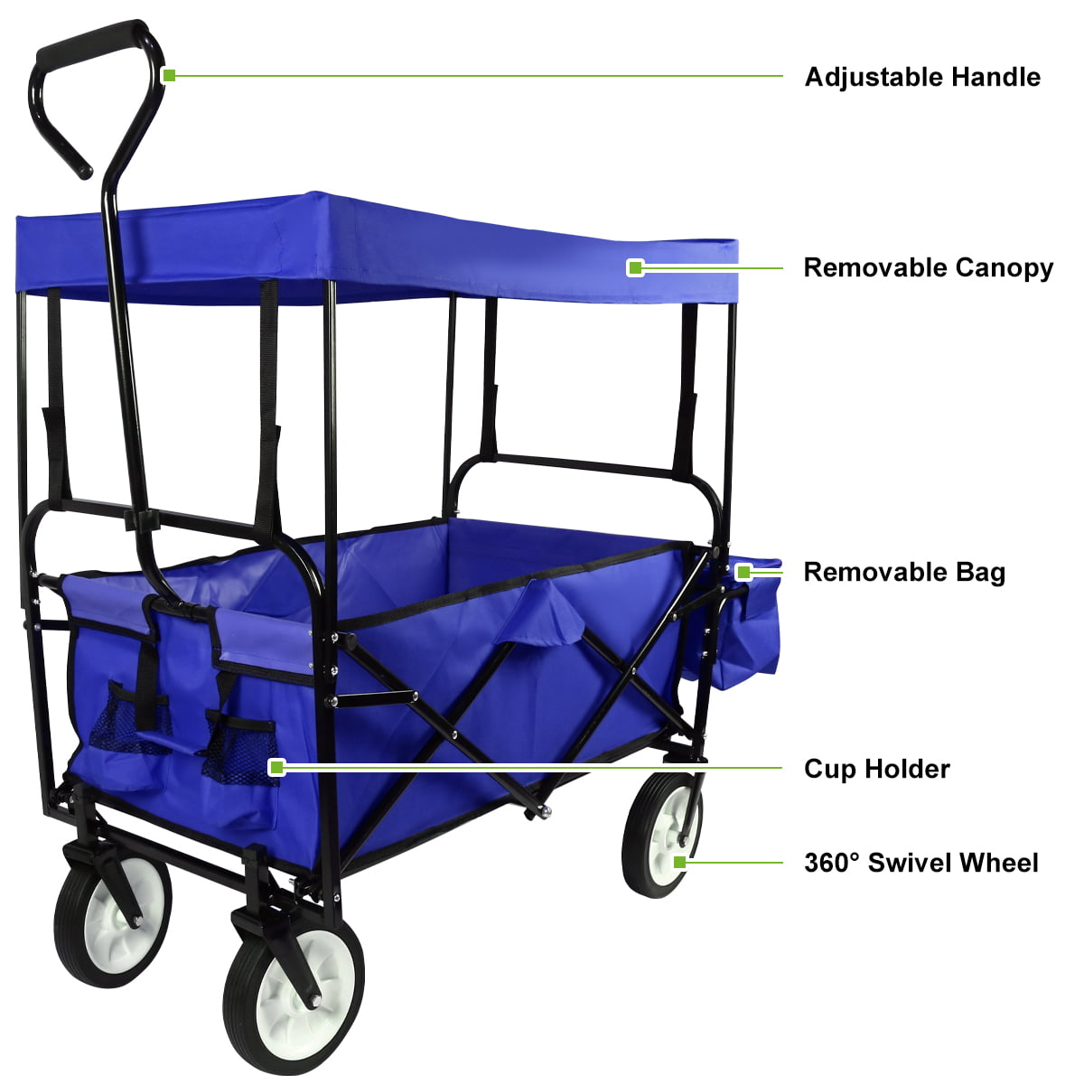 Geniqua Blue Utility Collapsible Folding Wagon Cart w/Canopy Garden Beach Toy Sport Buggy