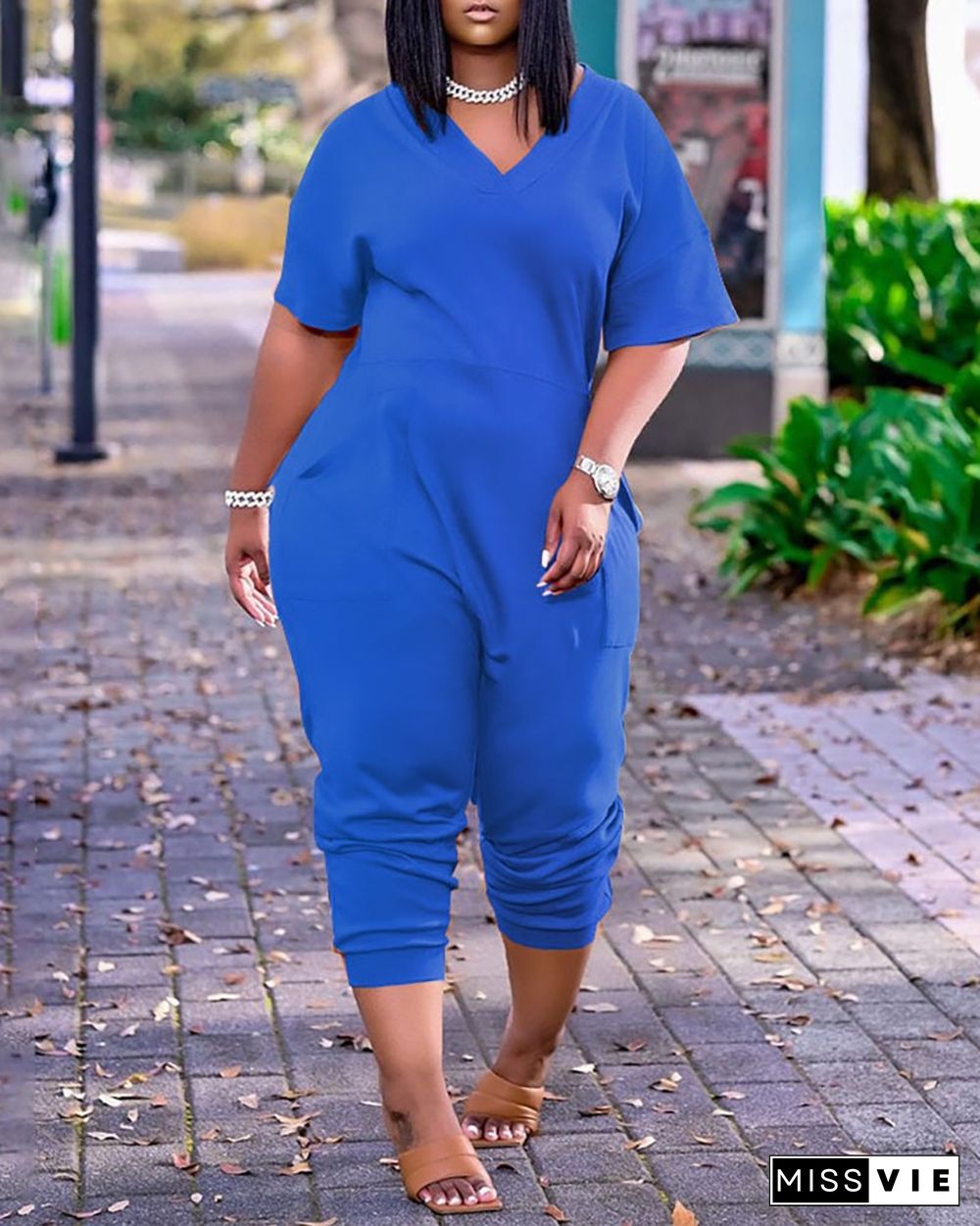 Pocket Design Plain Short Sleeve Jumpsuit