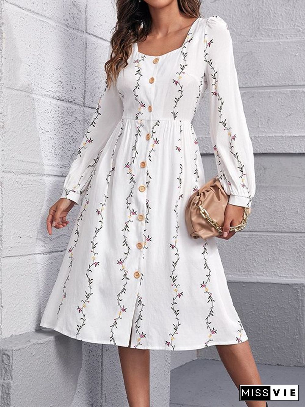 Printed Square Collar Loose Long Sleeve Dress