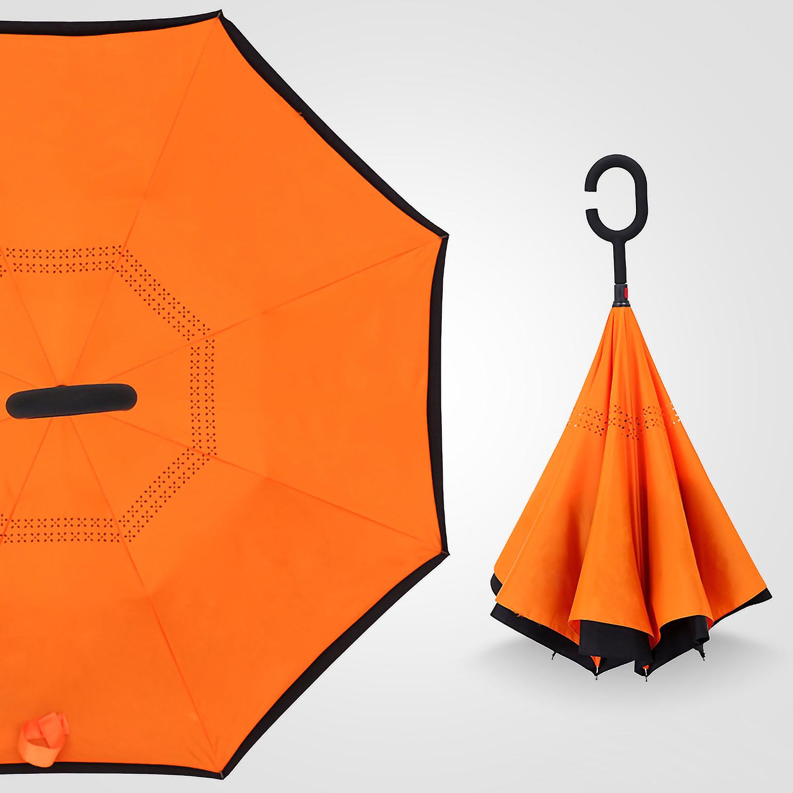 Double Reverse Umbrella Fiber Waterproof Light Weight Inverted Umbrella with C Shaped Handle Orange