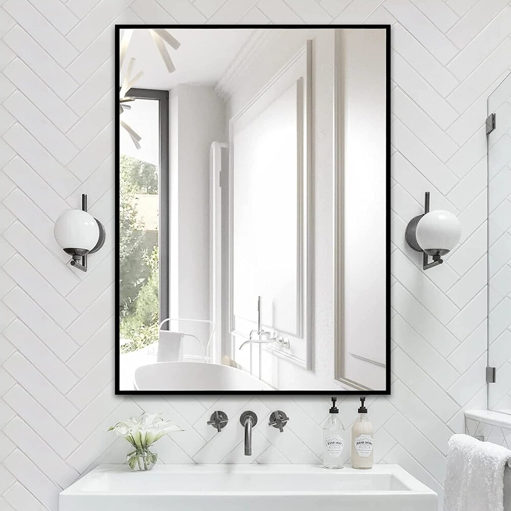 Inch Bathroom Wall Mirror for Vanity  Black Metal Frame Rectangular Mirror  Large Modern Round Corner Mirror