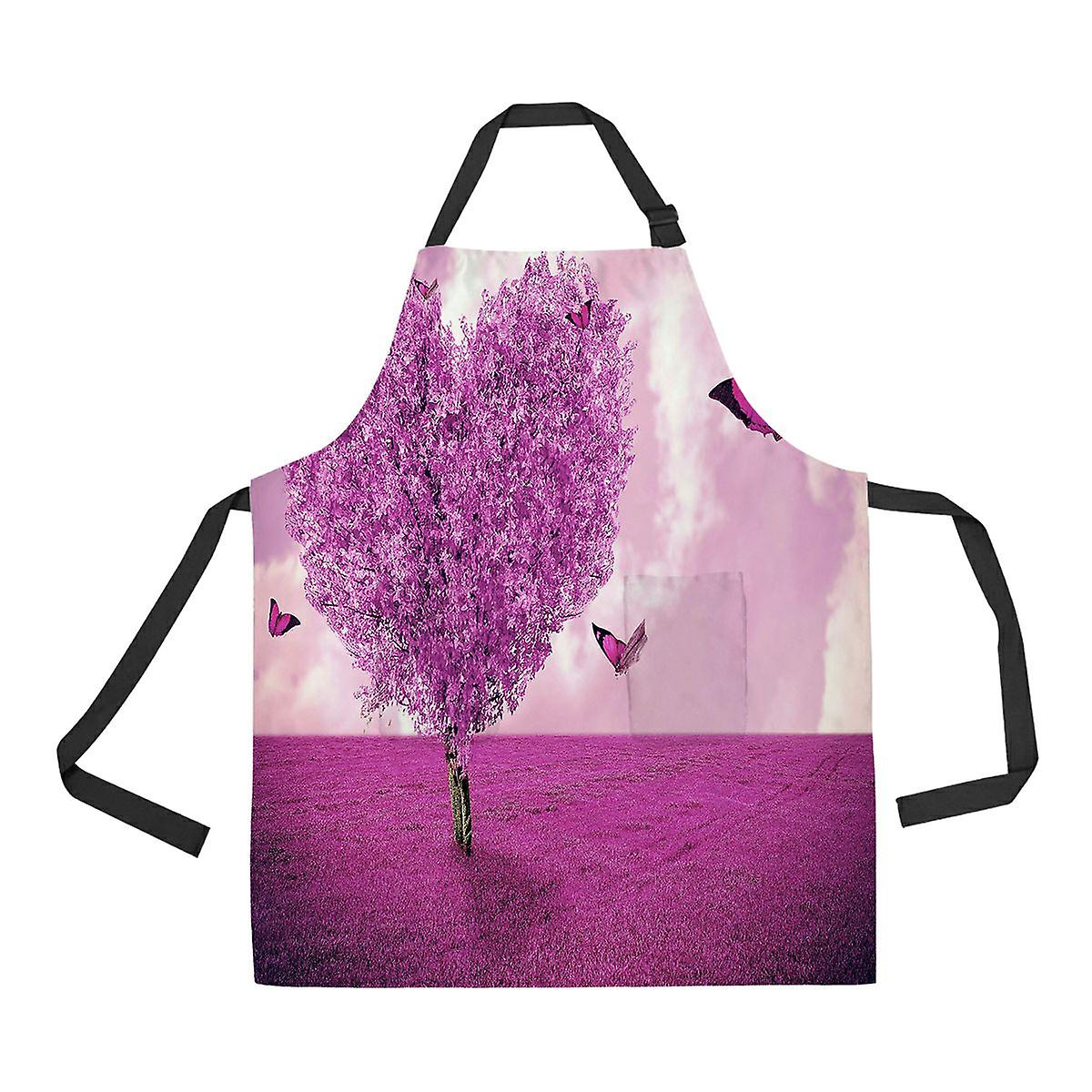 Field Heart Shape Tree Butterflies Pink Landscape Apron Home Kitchen Apron With Pockets