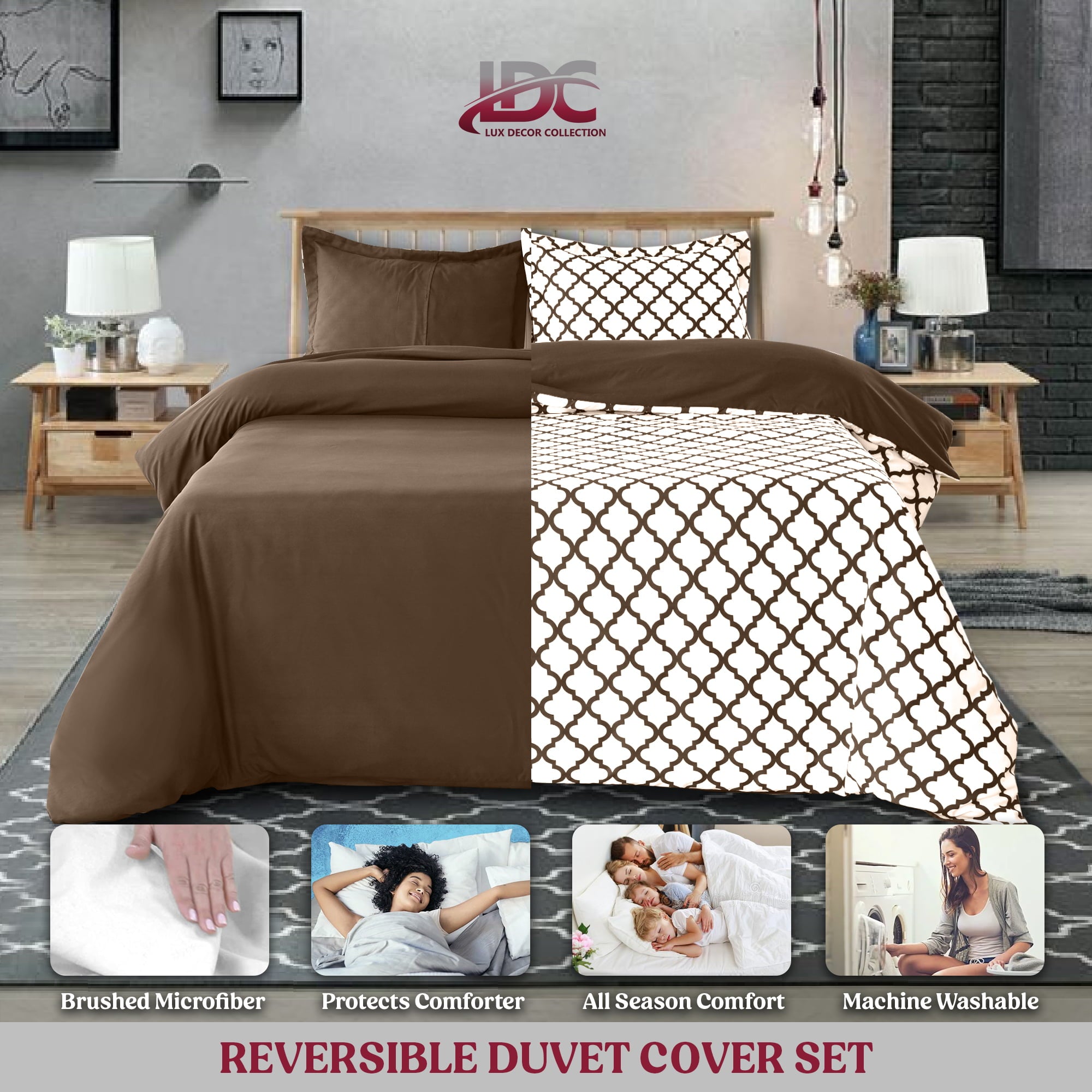 Lux Decor Collection Duvet Cover， 3 Pc Queen Duvet Cover Set with Zipper， Microfiber Comforter Cover with Matching Pillow Shams (Full/Queen， White/Chocolate)