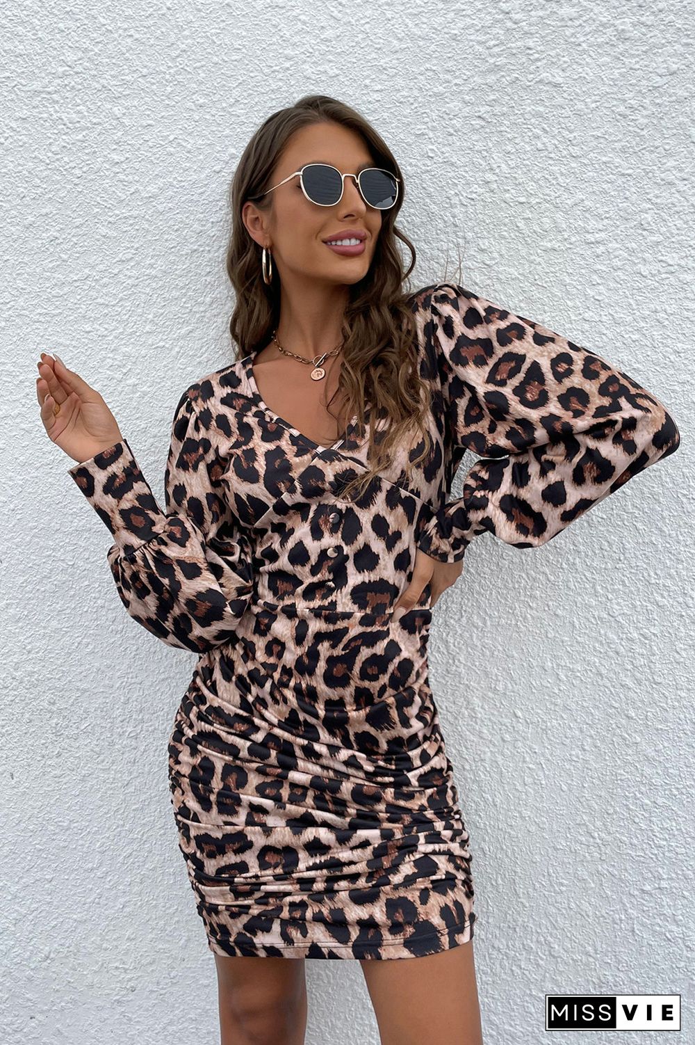 Leopard Print V Neck Button Down Bodycon Dress