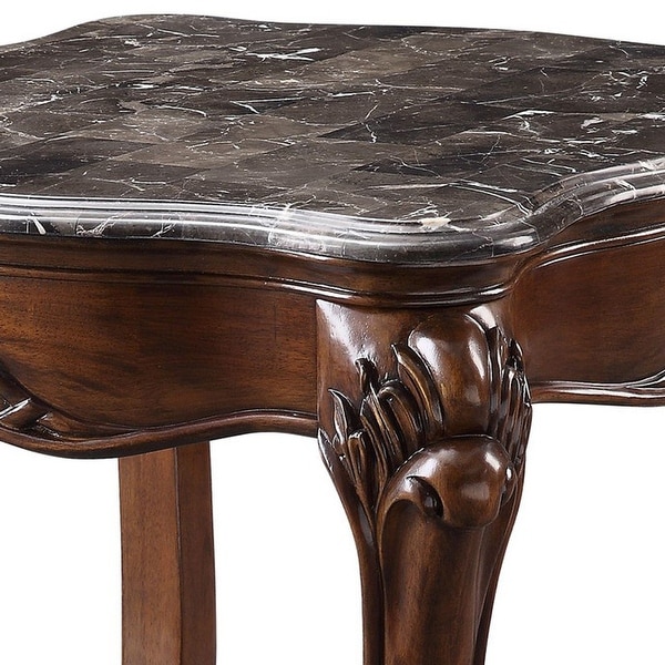 End Table with Marble Top and Carved Cabriole Legs， Brown