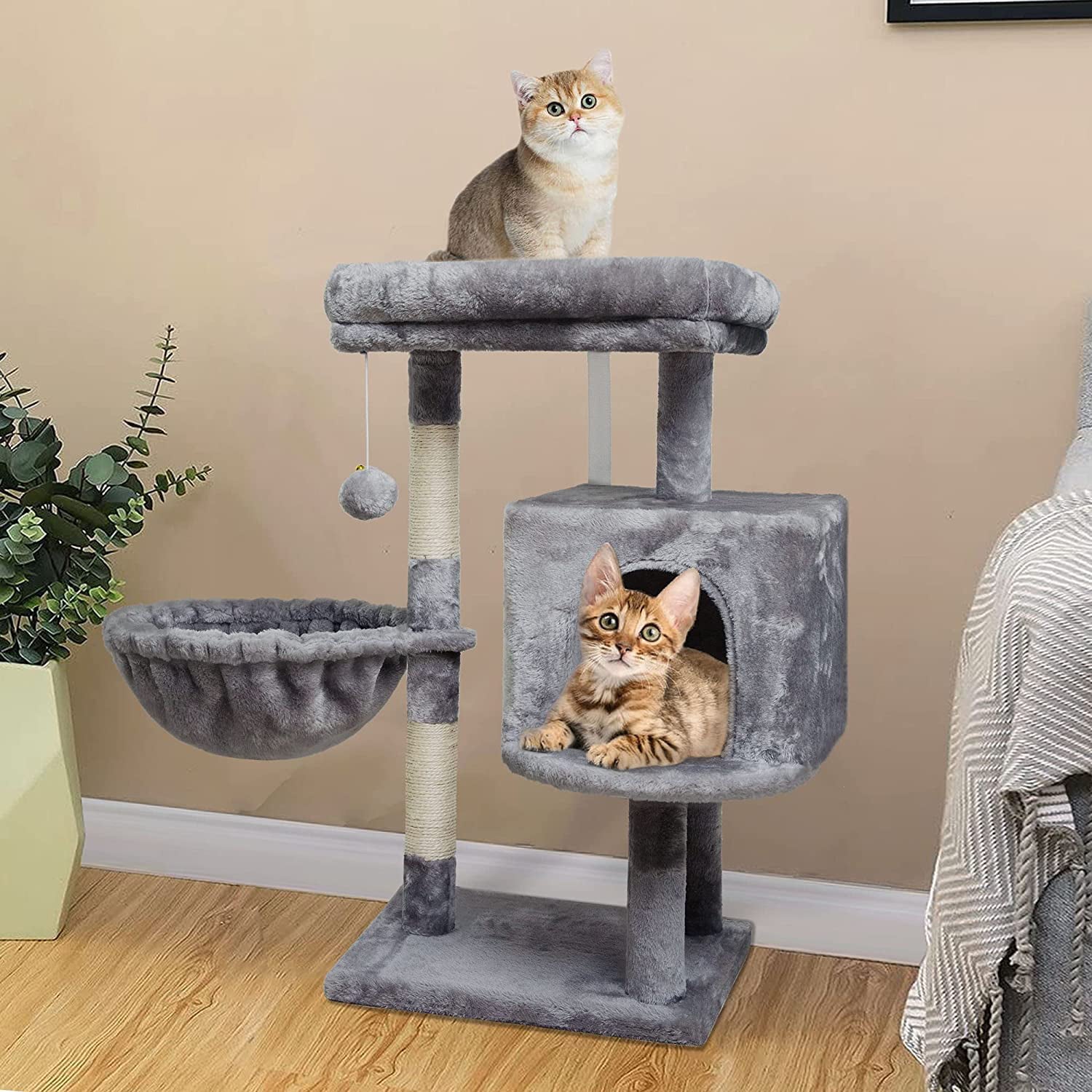 Small Cat Tree for Indoor Cats, Activity Cat Tower, Condo with Scratching Post for Kittens, Climbing Stand with Basket & Hanging Ball for Play Rest (Grey)