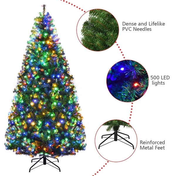 Gymax 7FT PreLit Christmas Tree Hinged Artificial Tree w/ Colorful