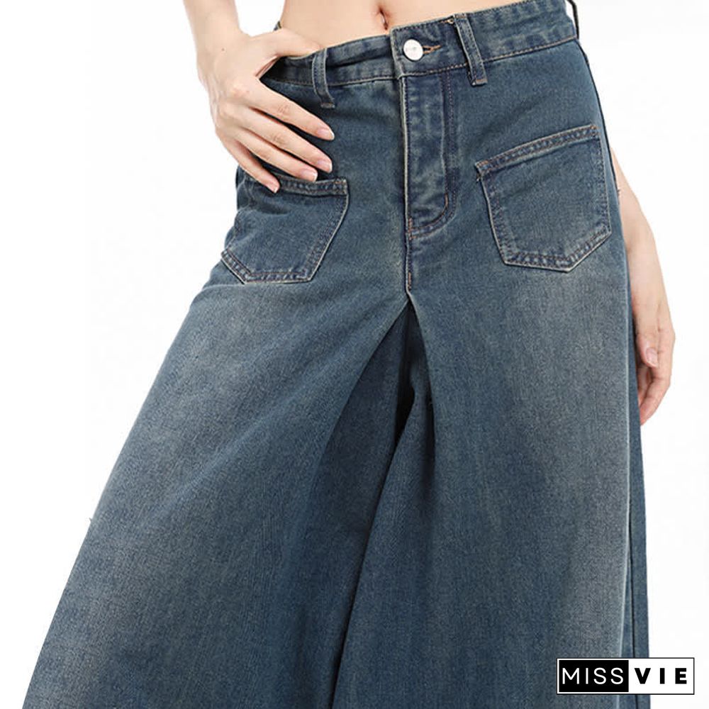 Retro High Waist Wide Leg Casual Denim Pants