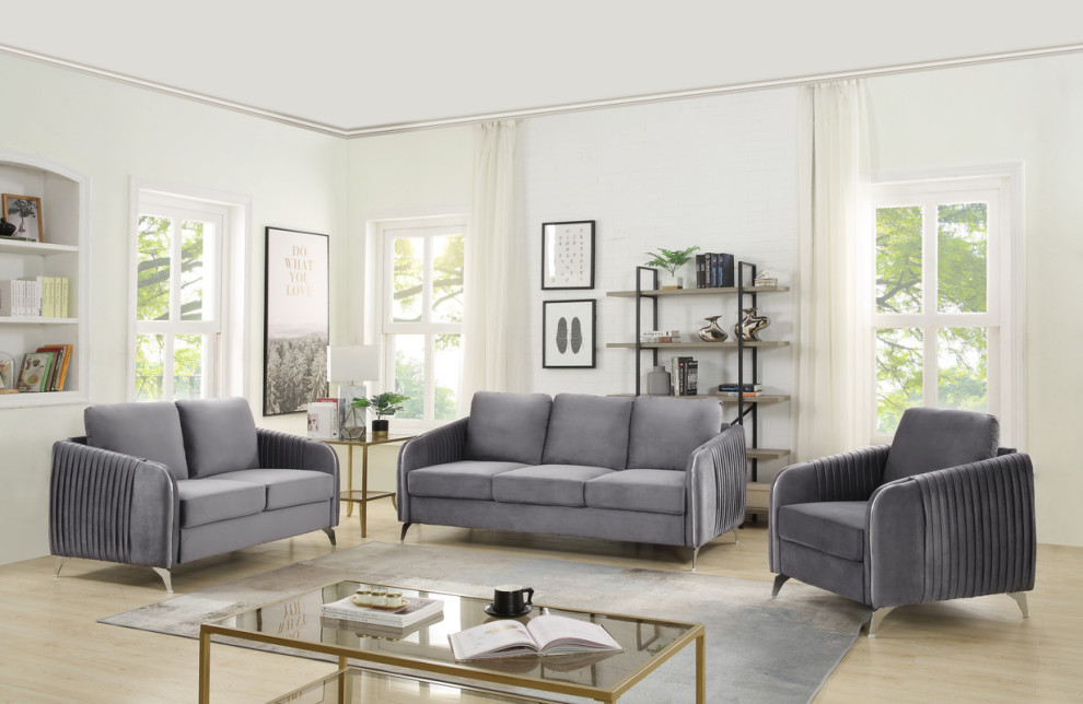 Hathaway Velvet Fabric Sofa Loveseat Chair Living Room Set   Midcentury   Living Room Furniture Sets   by Lilola Home  Houzz