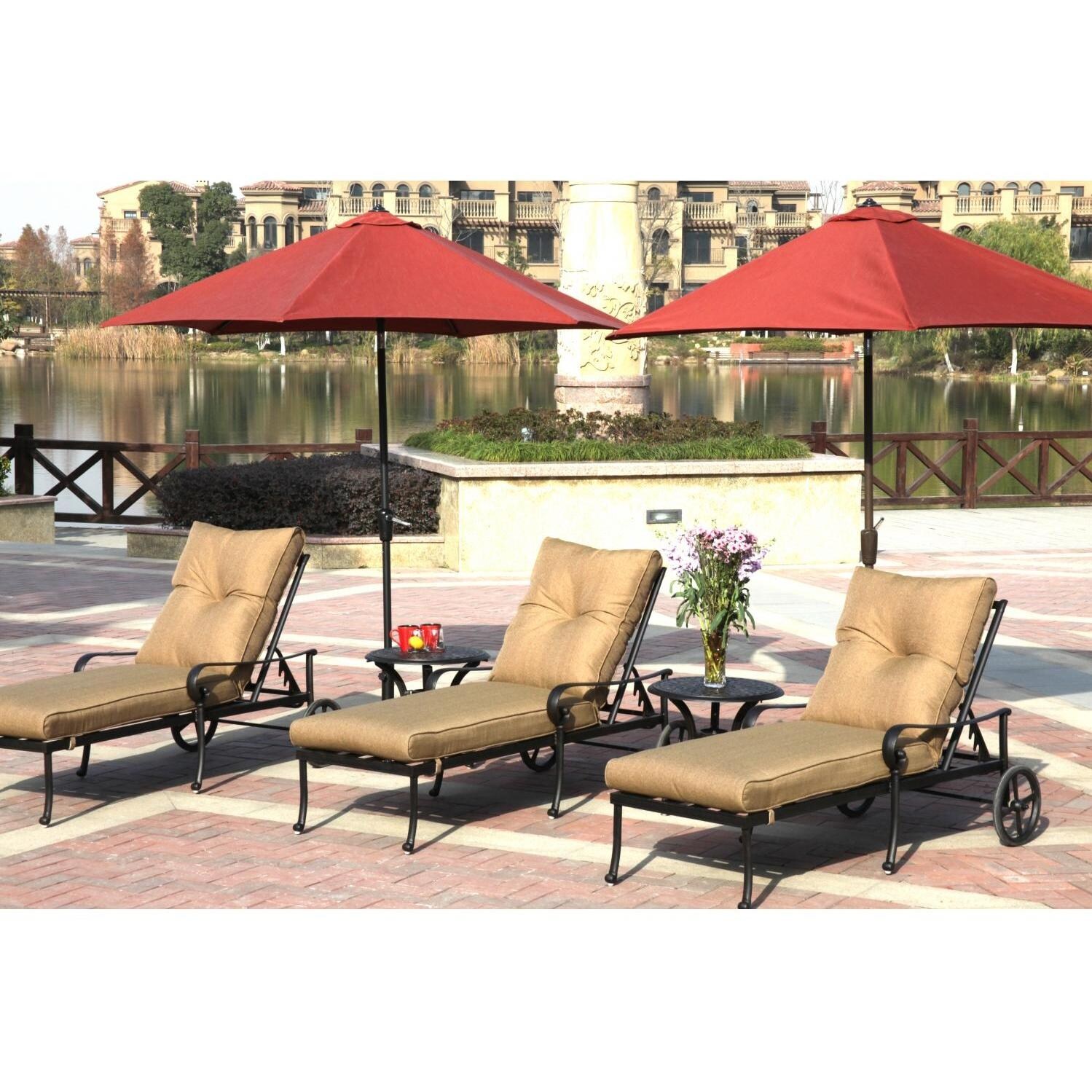 Darlee Santa Anita 7 Piece Cast Aluminum Patio Chaise Lounge Set With Paprika Umbrellas