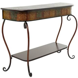 Litton Lane 43 in. Brown Extra Large Rectangle Metal Embossed 1 Shelf Floral Console Table with Ornate Scroll Legs 74362