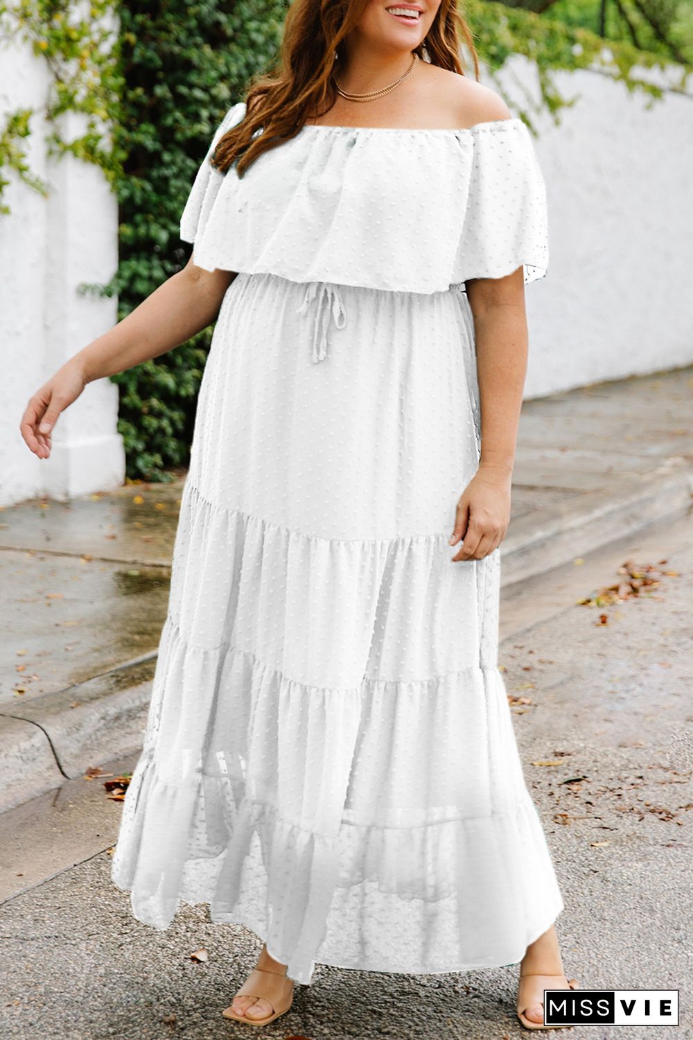 White Swiss Dot Plus Size Ruffle Tiered Maxi Dress