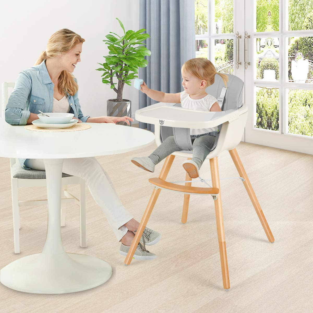 BABY JOY Convertible Baby High Chair, 3 in 1 Wooden Highchair/Booster/Chair with Removable Tray (Beige)