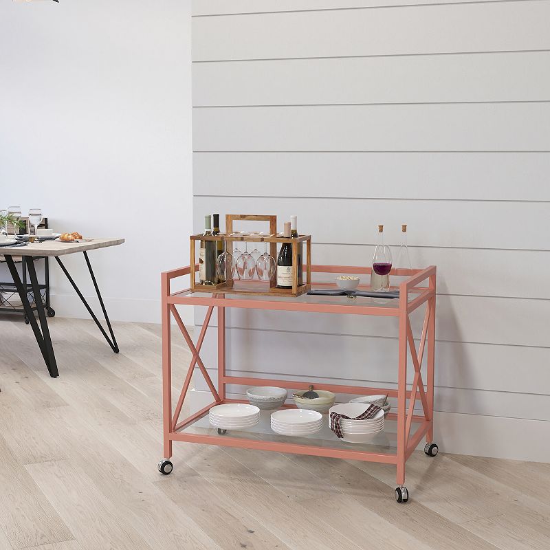 Merrick Lane Belmount Rolling Bar Cart Contemporary Kitchen Serving Cart with Mirrored Bottom Shelf and Crisscross Rose Gold Metal Frame