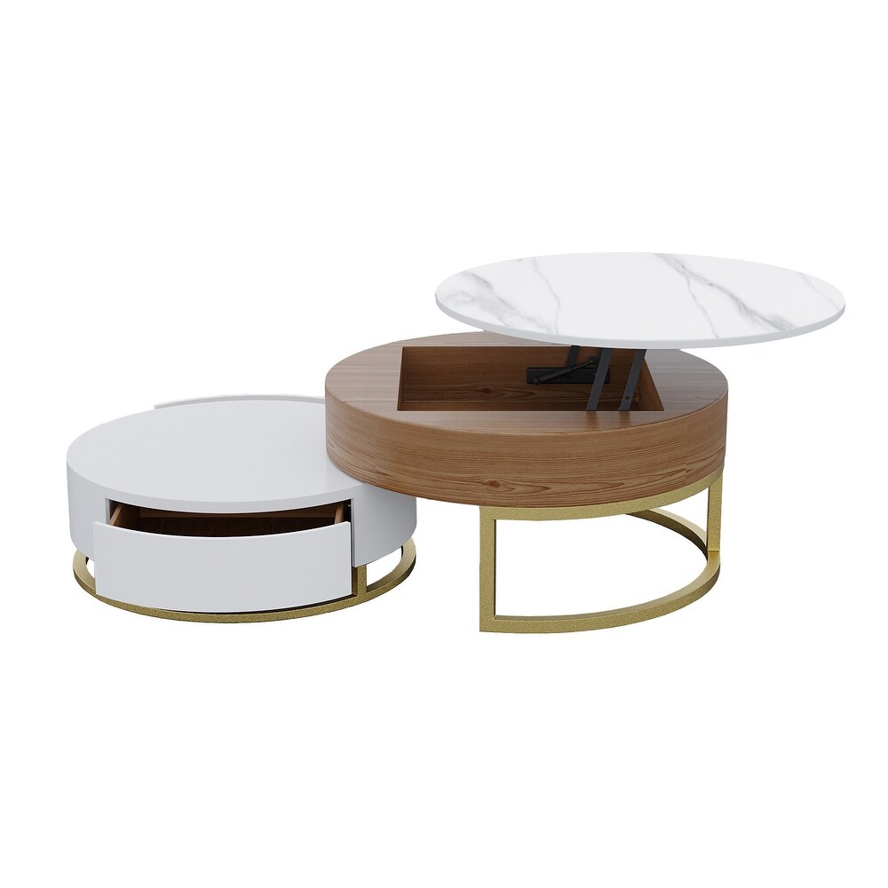 Round Coffee Table White with Storage Lift Top Wood Coffee Table Lifts up with Rotatable Drawers White Natural