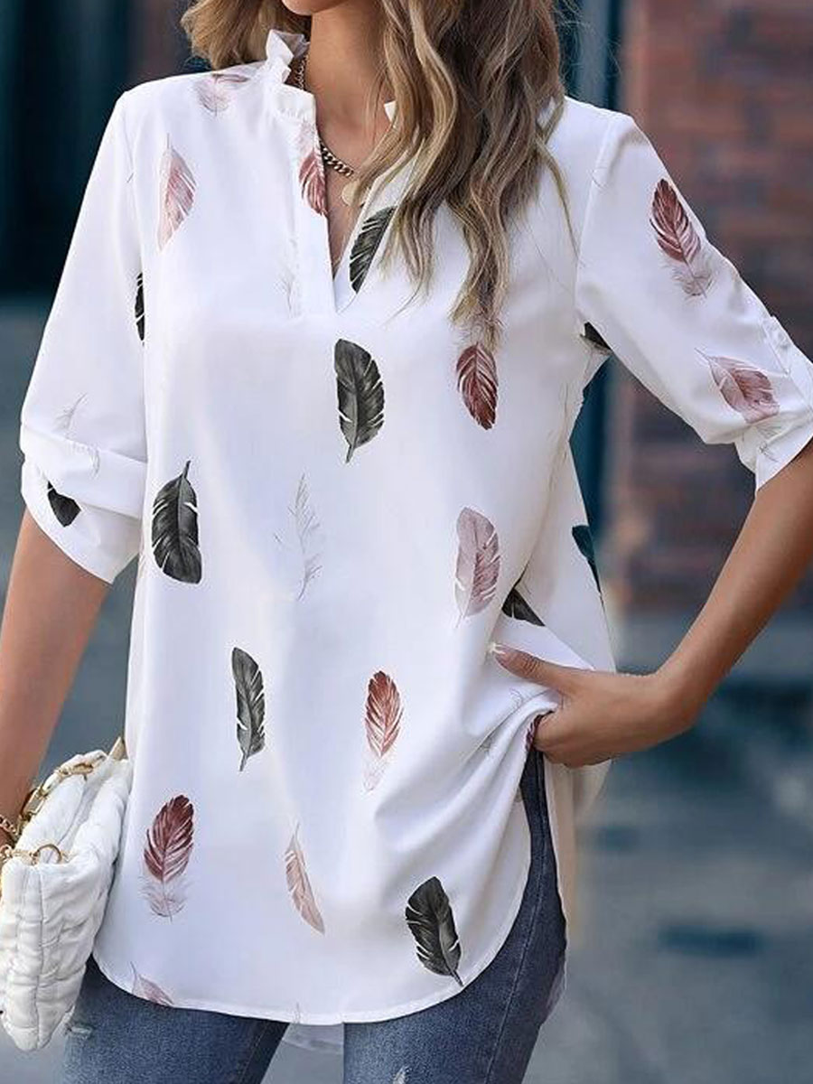 V-neck Casual Loose Feather Print Long-sleeved Blouse