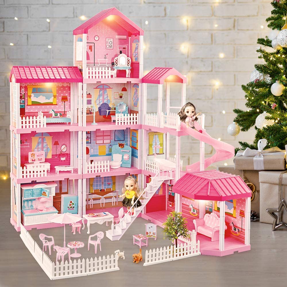 Elf Lab Dreamhouse Dollhouse Building Toys， Playset with Lights， Movable Slides， Stairs， Furniture， Accessories， Dolls， Pets， Cottage Pretend Doll House， DIY Creative Gift for Girls Toddlers(11 Rooms)