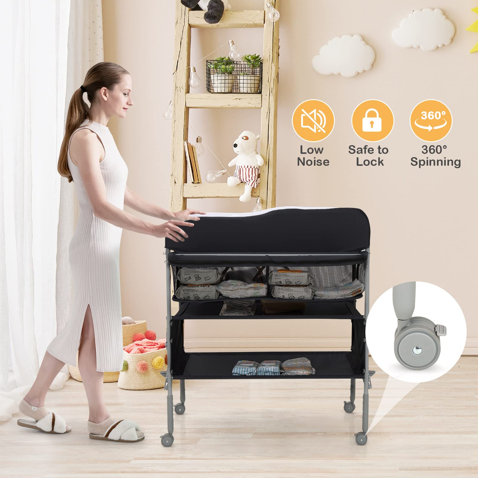 Costzon Portable Baby Changing Table, Foldable Infant Diaper Changing Station, Newborn Nursery Organizer w/ 4 Lockable Wheels