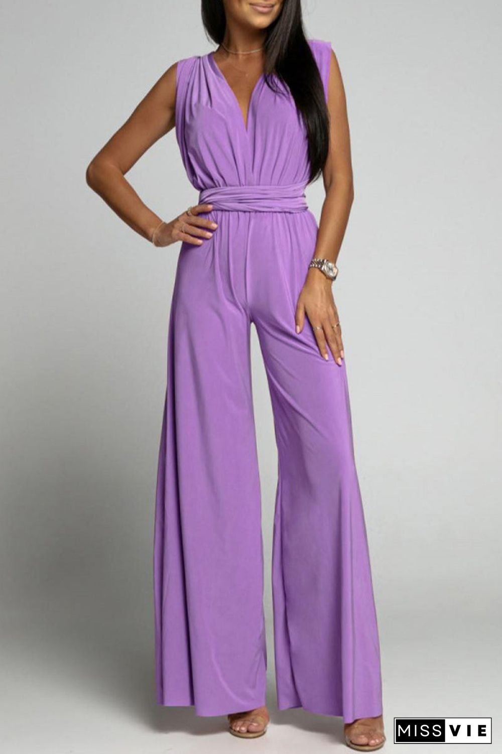 Casual Elegant Solid Backless Cross Straps V Neck Jumpsuits