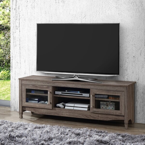 Driftwood TV Stand Console with 2 Glass Door and 6 Compartment TV Cabinet Entertainment Center