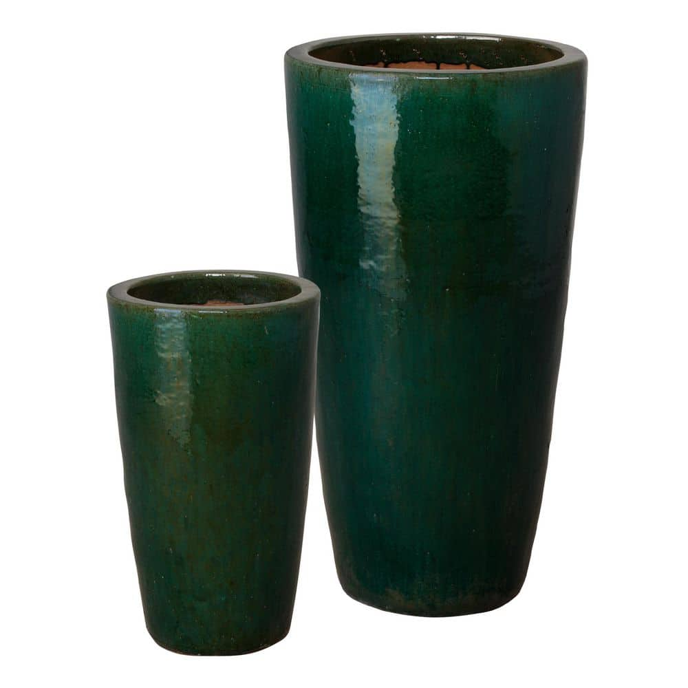 Emissary Tall 22.5in. 36in. H Green Ceramic Round Planters with Drainage holes (Set of 2) 12132GN2