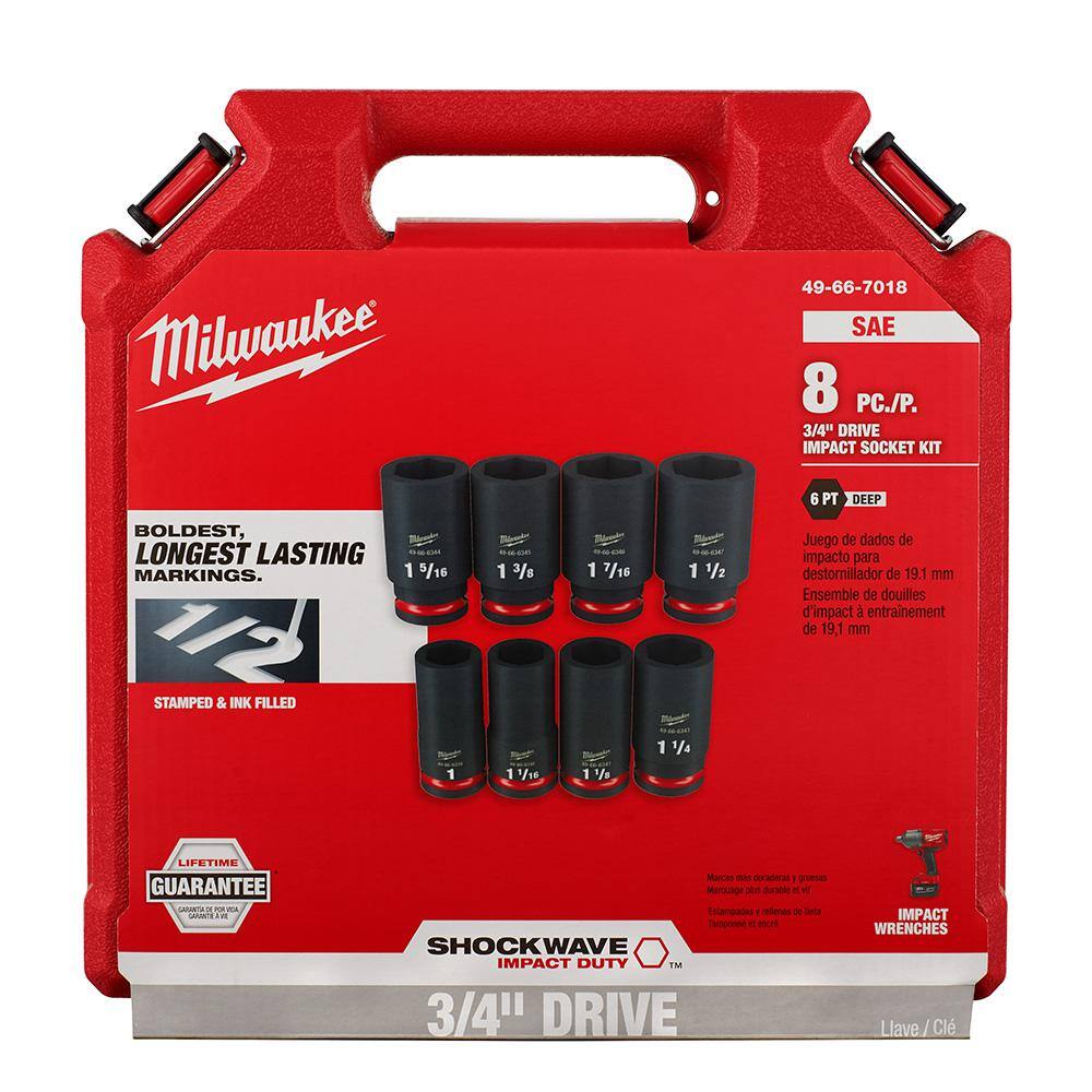 MW SHOCKWAVE 34 in. Drive SAE Deep Well Impact 6 Point Impact Socket Set (8-Piece) 49-66-7018