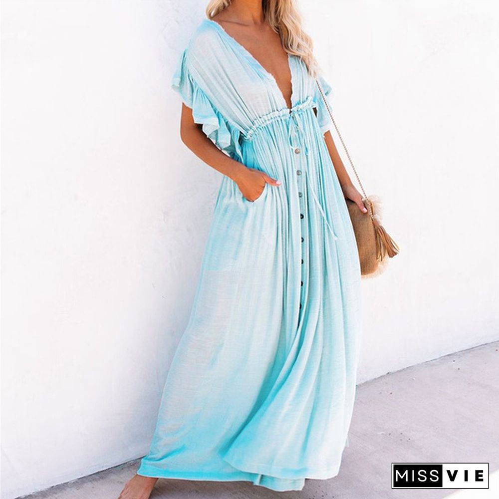 Woman Bohemian Boho Fashion Elegant Sexy V Neck Bikini Cover-ups Long White Tunic Casual Summer BeachDress Elegant Women BeachWear Swim Suit Cover Up Loose Maxi Pregnant Maternity Dresses Plus Size