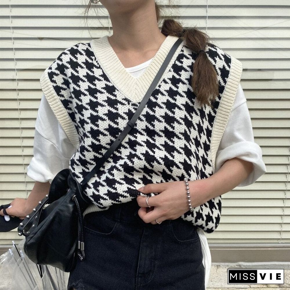 New Women'S Knit Vest Fall Winter Retro Casual Loose V-Neck Sleeveless For Female Classic Houndstooth Pattern Waistcoat Sweater