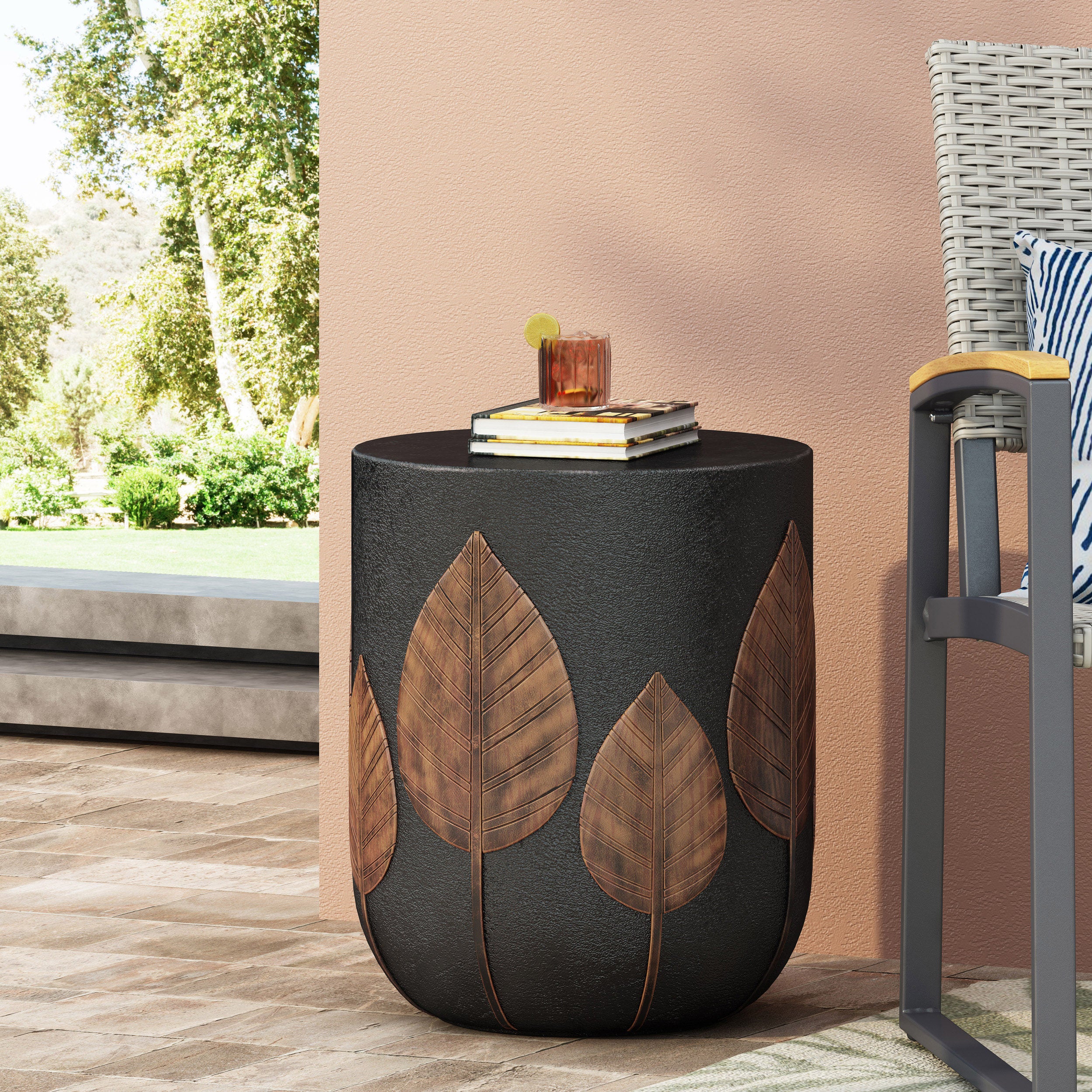 Travis Outdoor Lightweight Concrete Side Table, Black and Antique Copper