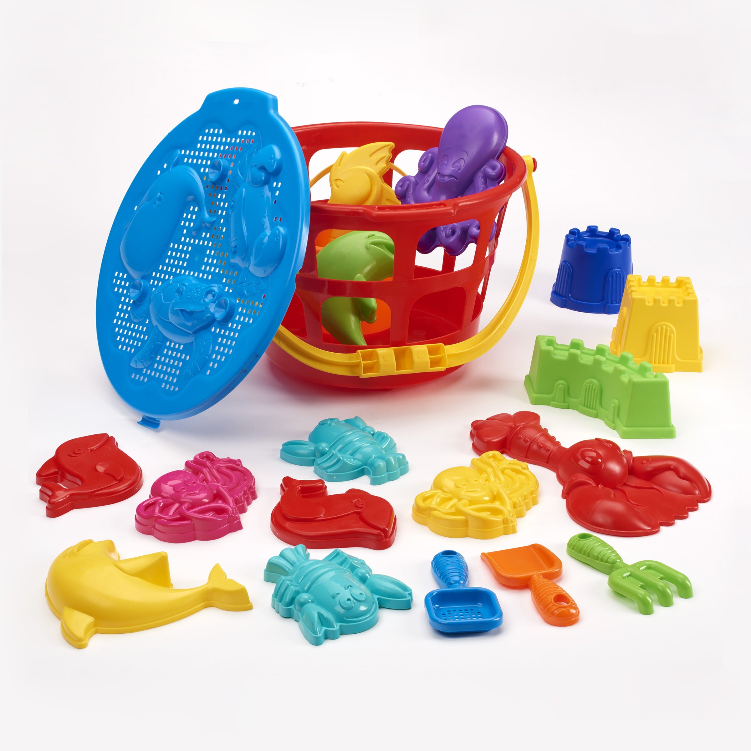 Play Day Colossal Pail 20-Piece Beach Toys Set – Kids Beach Sand Toys Set, Sand Molds, Sand Tools, Sandcastle Molds, Beach Bucket and Shovel with Carry Basket