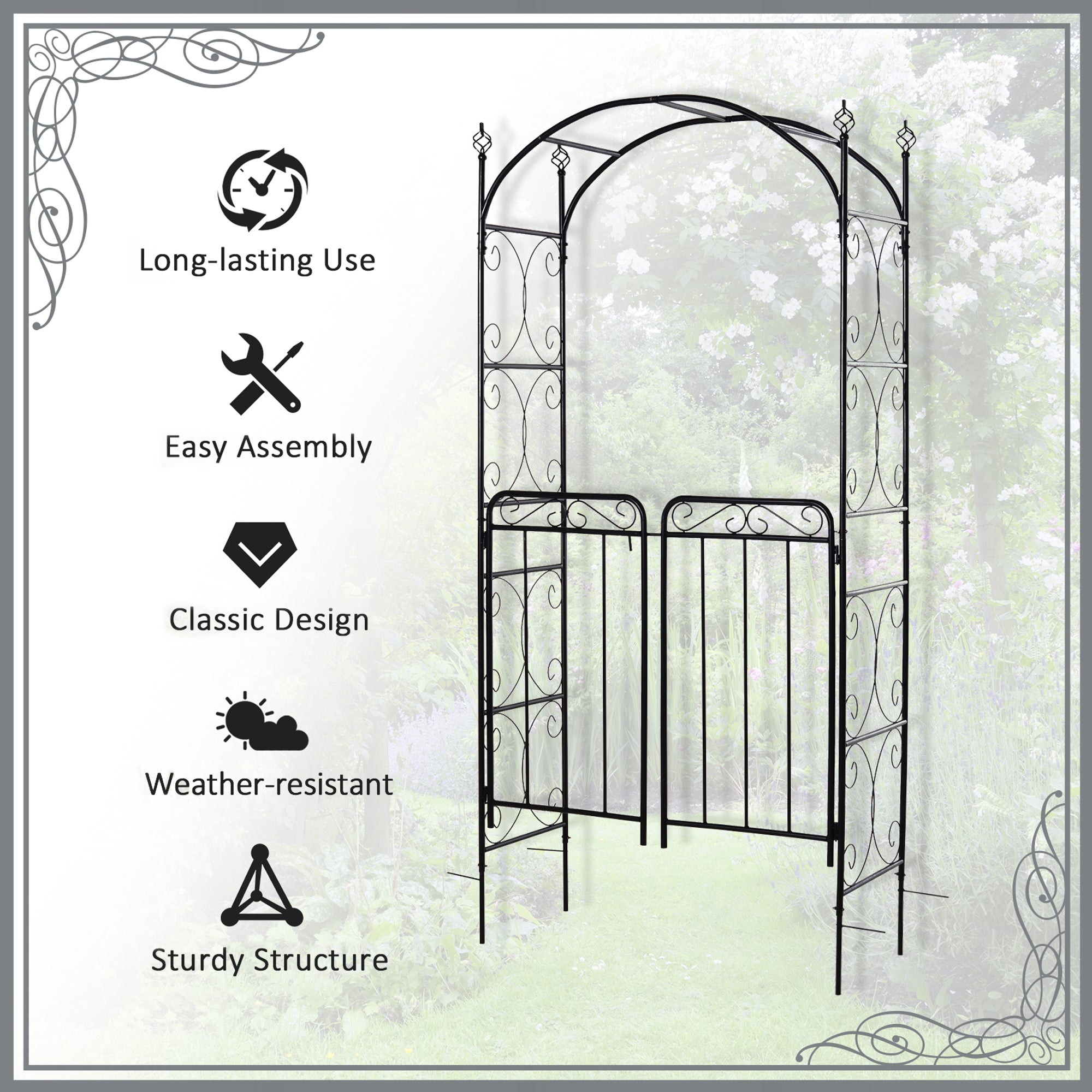 OWSOO Garden Arch 7' Steel Arbor Arch with Scrollwork Doors for Wedding Ceremoney Party for Lawn, Backyard