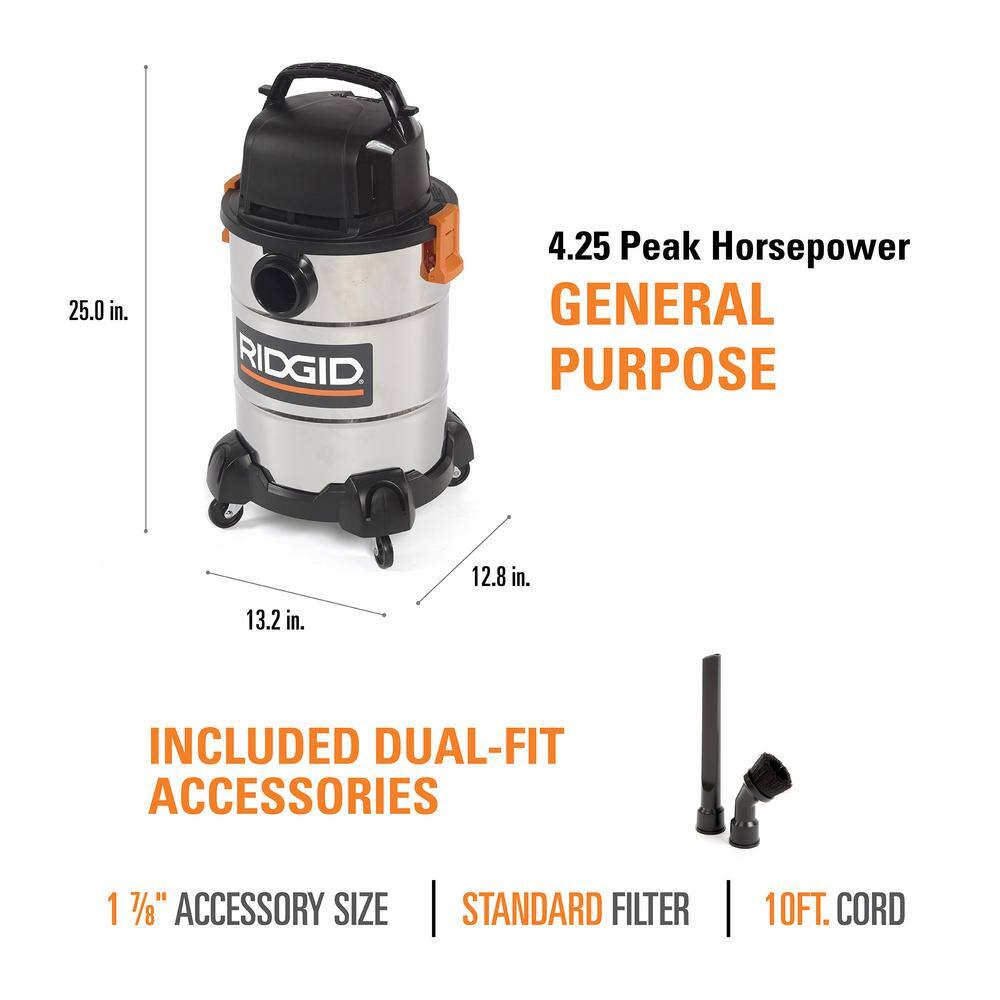 RIDGID 6 Gallon 4.25 Peak HP Stainless Steel WetDry Shop Vacuum with Filter Locking Hose and Six Accessories WD6425A