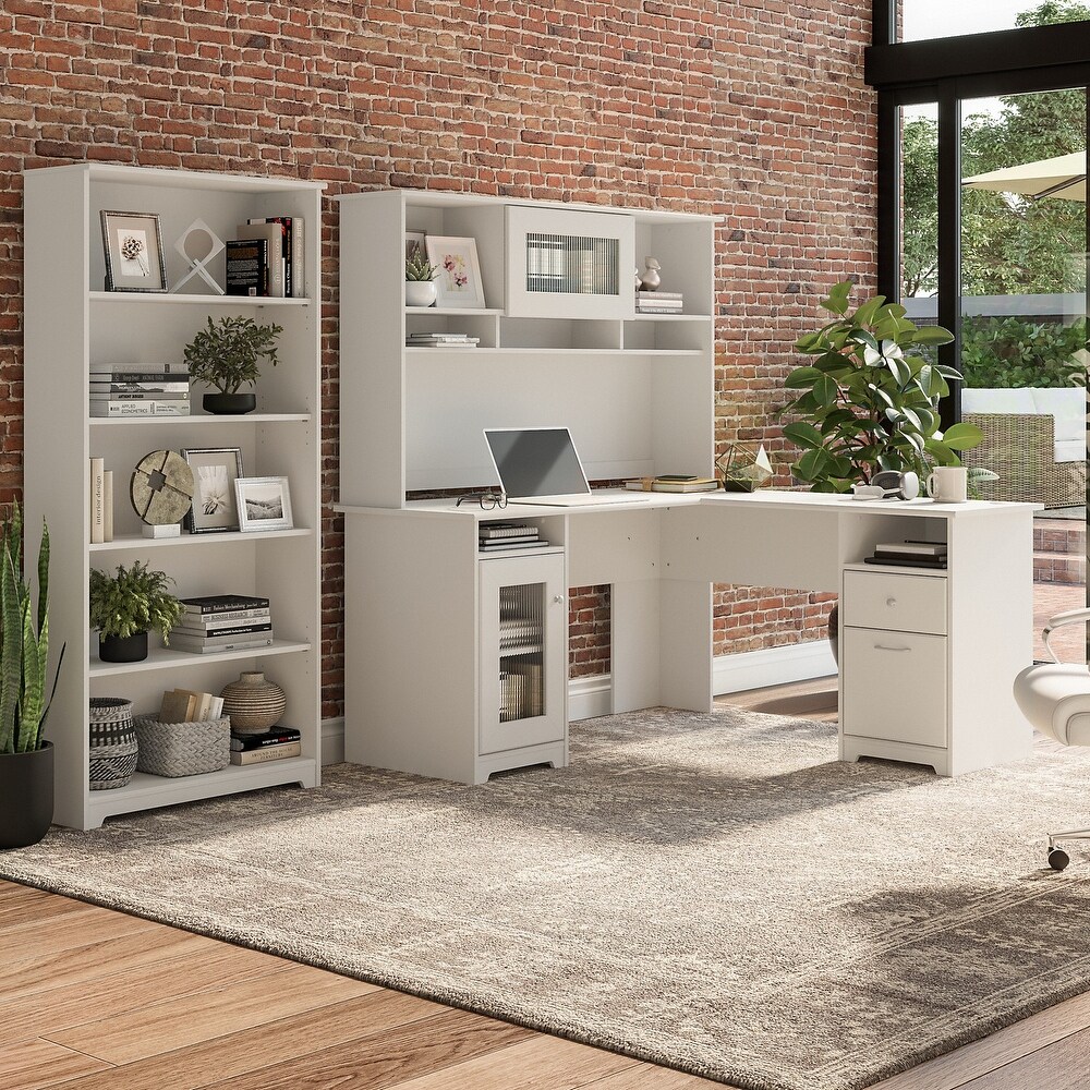 Cabot 60W L Desk with Hutch and 5 Shelf Bookcase by Bush Furniture