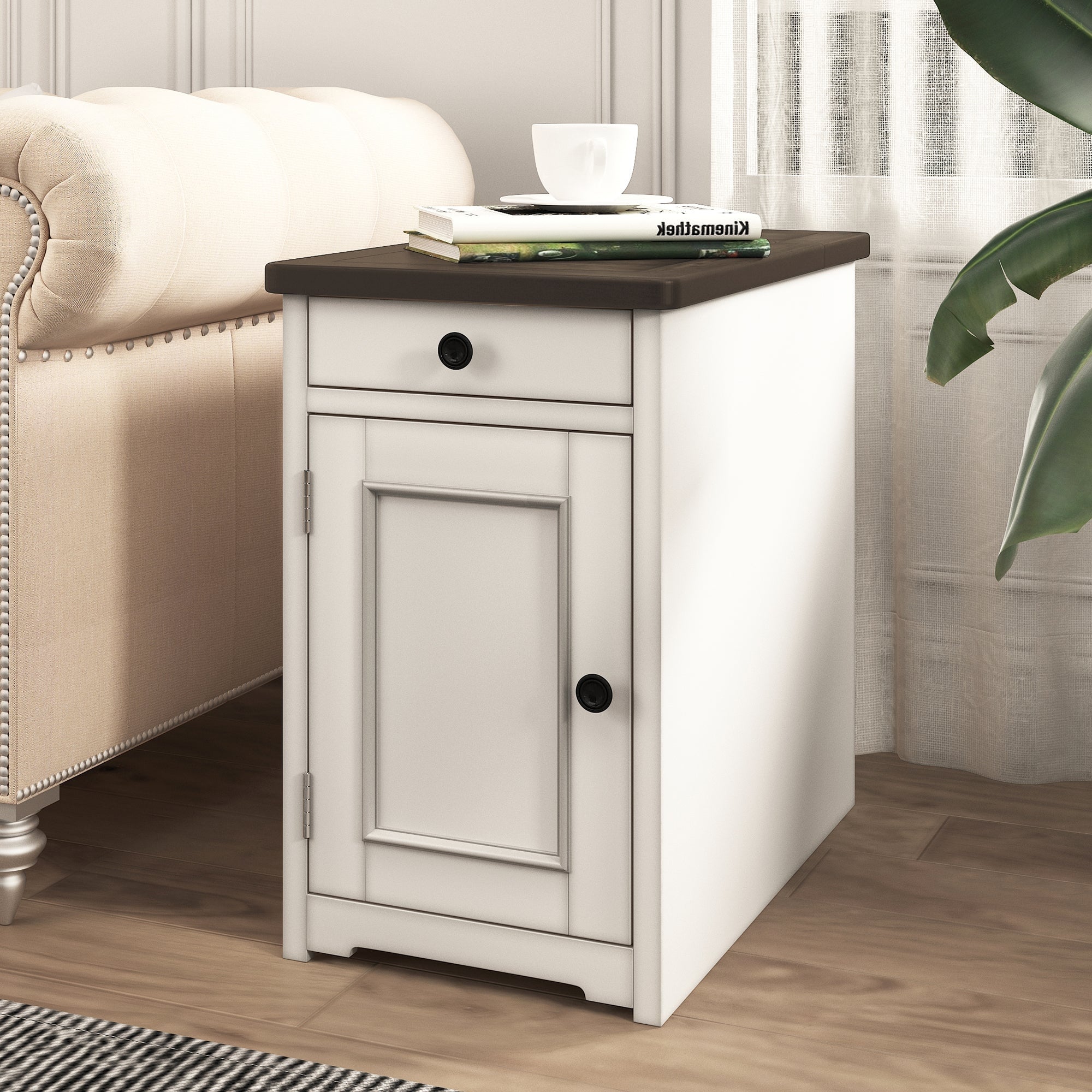 1-Drawer Solid Wood End Table with USB Ports