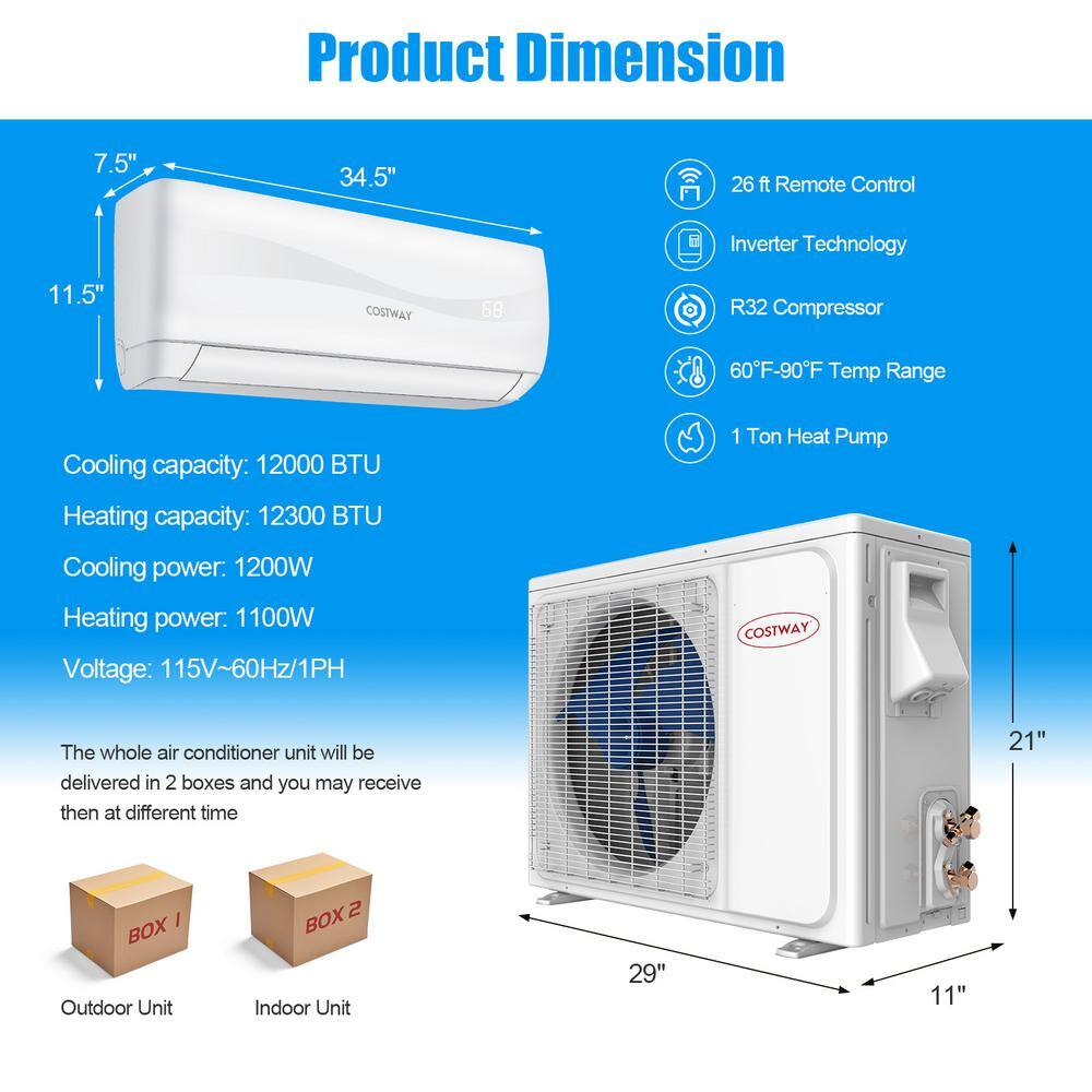 Costway 12000 DOE BTU Mini Split Air Conditioner Cools 750 Sq. Ft. with Heater with Remote 20 SEER2 115 V Wall-Mounted AC Unit FP10302US-WH+