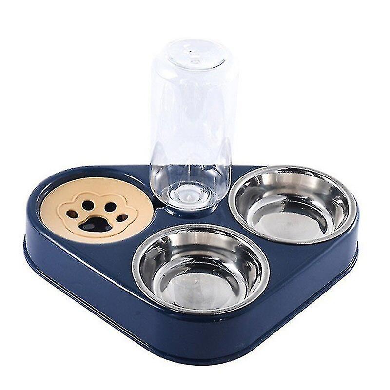 Miman 3 In 1 Dog Feeder Bowl With Dog Water Bottle Cat Automatic Drinking Bowl Cat Food Bowl Pet Stainless Steel Double 3 Bowls-37.5x26.5x5.2cm，blue