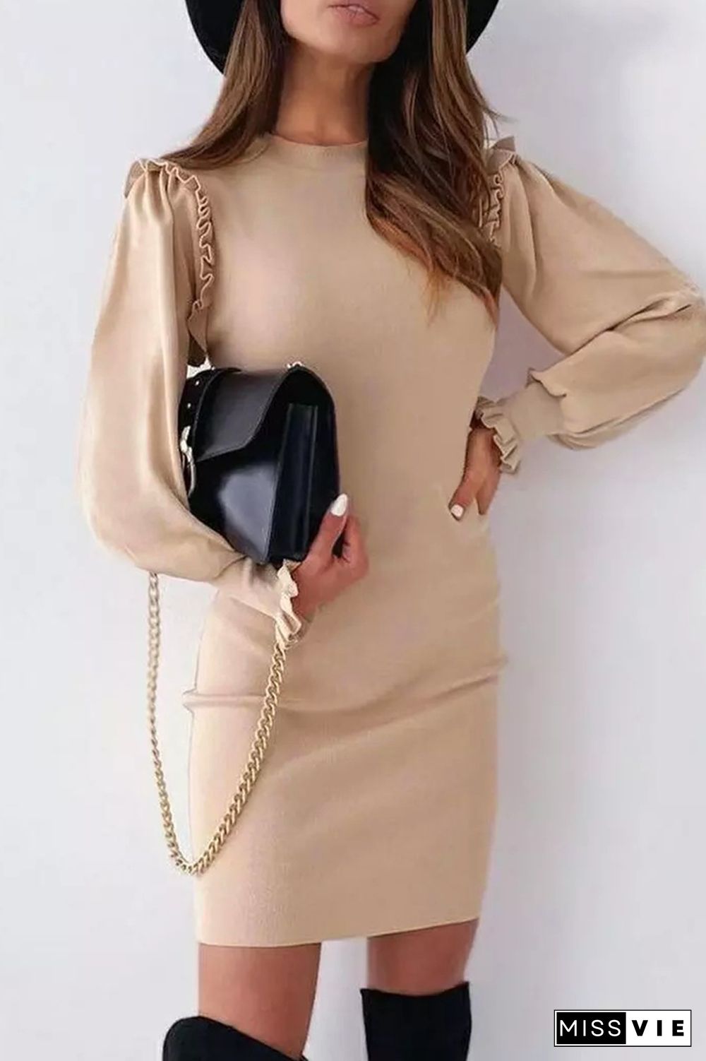 Elegant Solid Split Joint O Neck Pencil Skirt Dresses