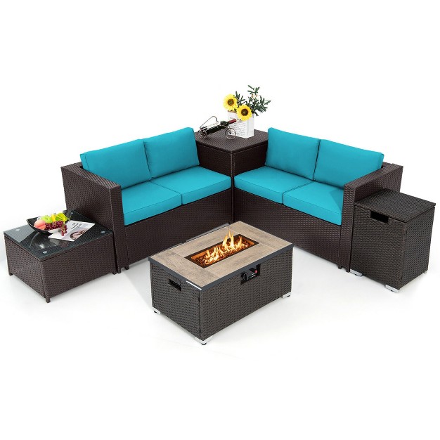 Tangkula 6 Piece Patio Sofa amp Fire Table Set Outdoor Rattan Sectional Sofa Set W Storage Box Turquoise