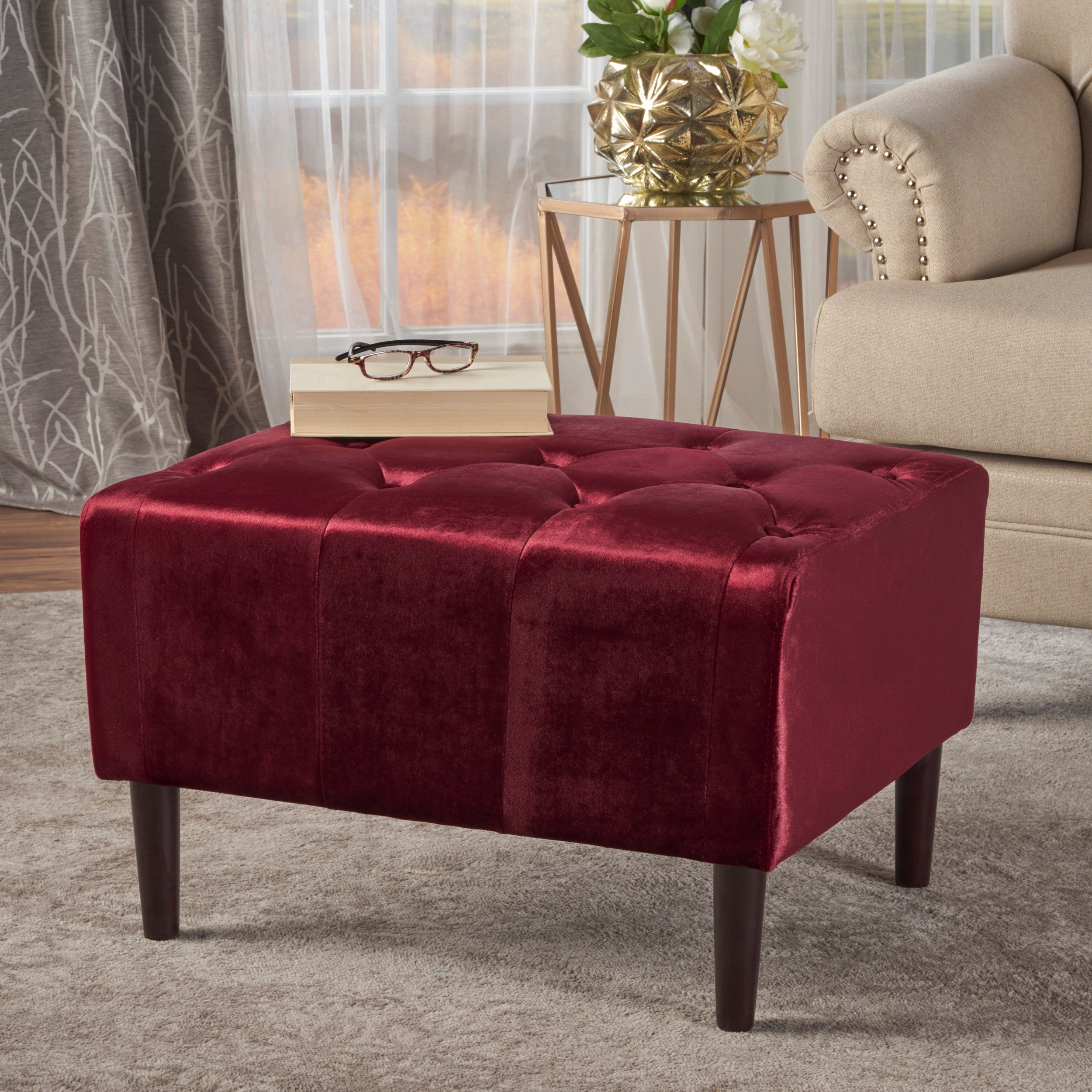 Kalani Modern Glam Button Tufted Diamond Stitch Velvet Ottoman With Tapered Legs